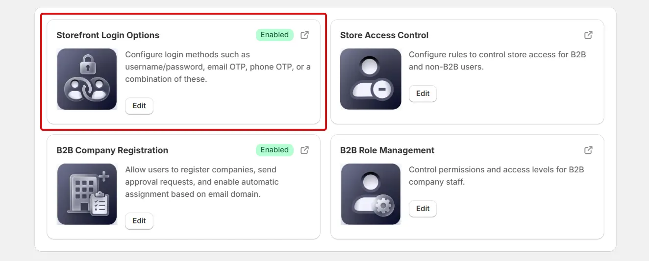 Storefront Login Options card with Edit button in Shopify app dashboard