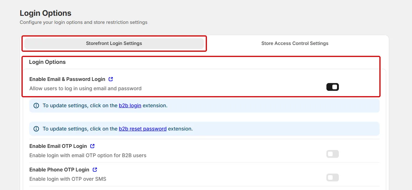 Enable Email and Password Login toggle in Shopify customer accounts login options