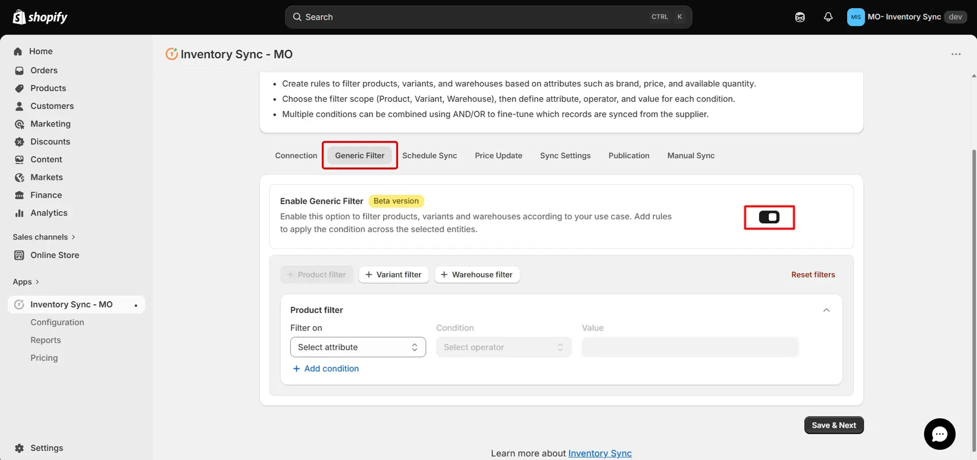 Shopify Kroll Integration - Shopify Generic Filter Configuration settings