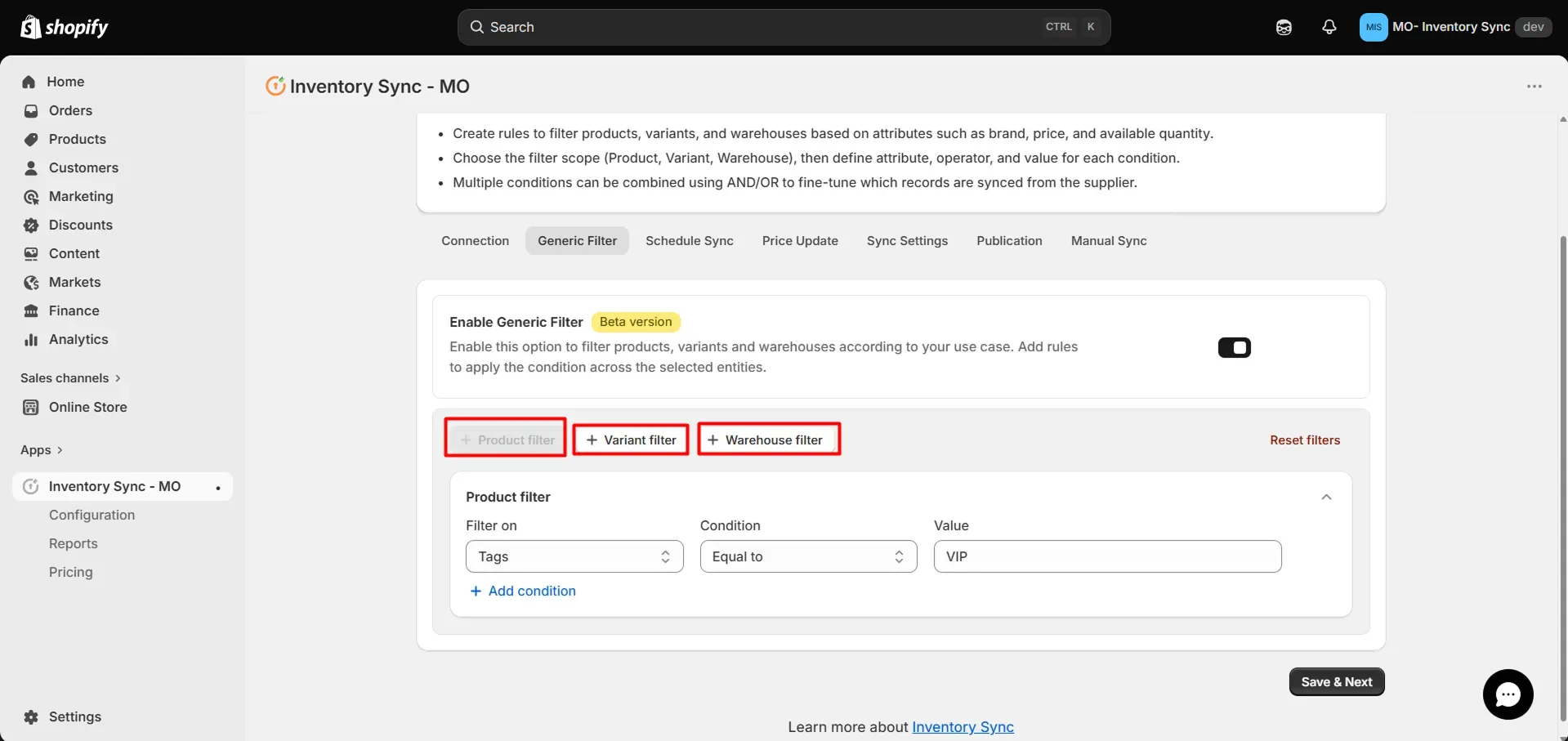Shopify Kroll Integration - Sync Filters