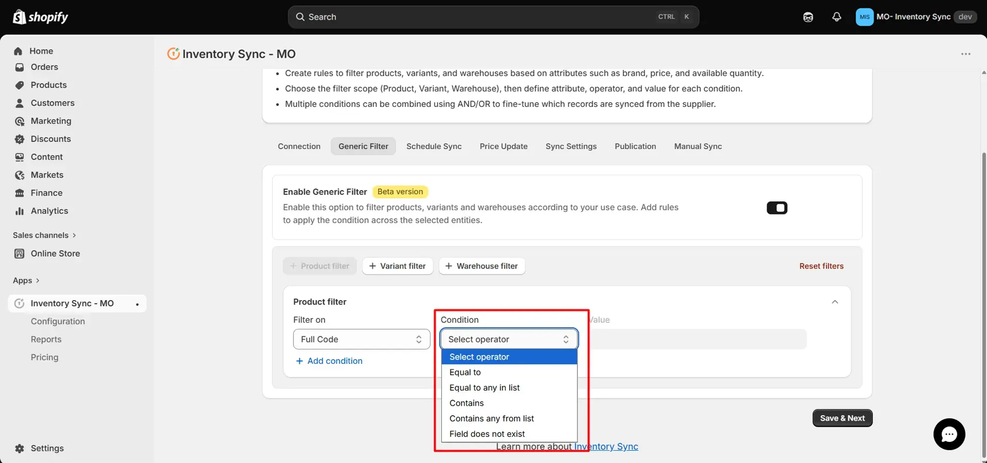 Shopify Kroll Integration - Add Conditions in Product Filter