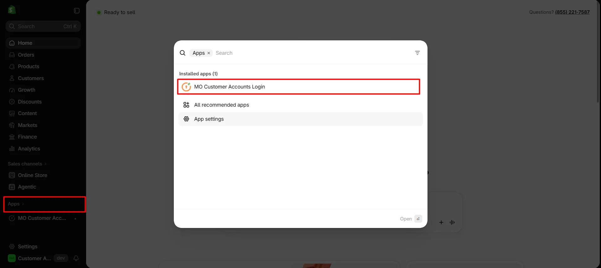 Open MO Customer Accounts Login app in Shopify Admin