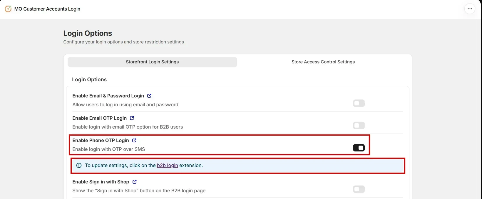 b2b login extension link below the Enable Phone OTP Login toggle