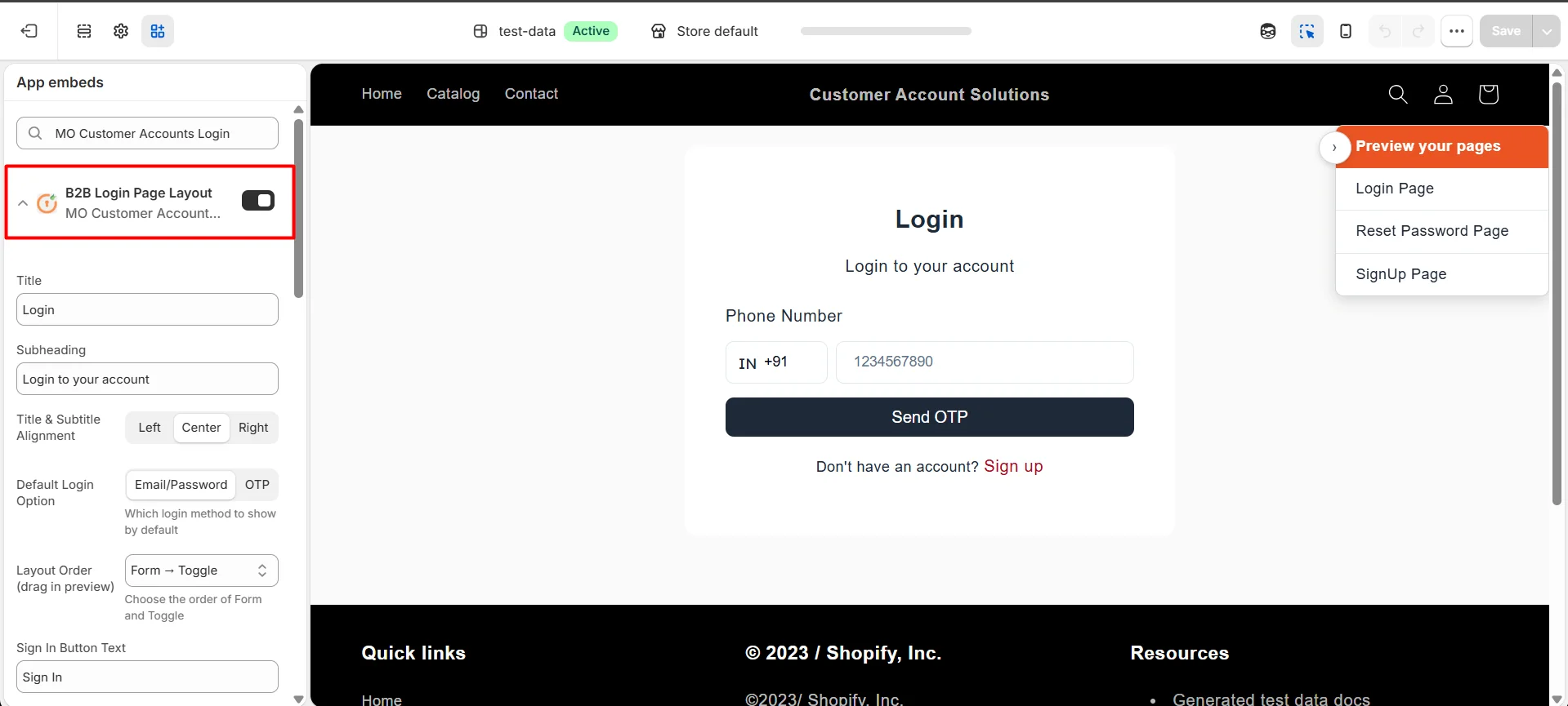 Phone OTP login page title, default login option and button text settings