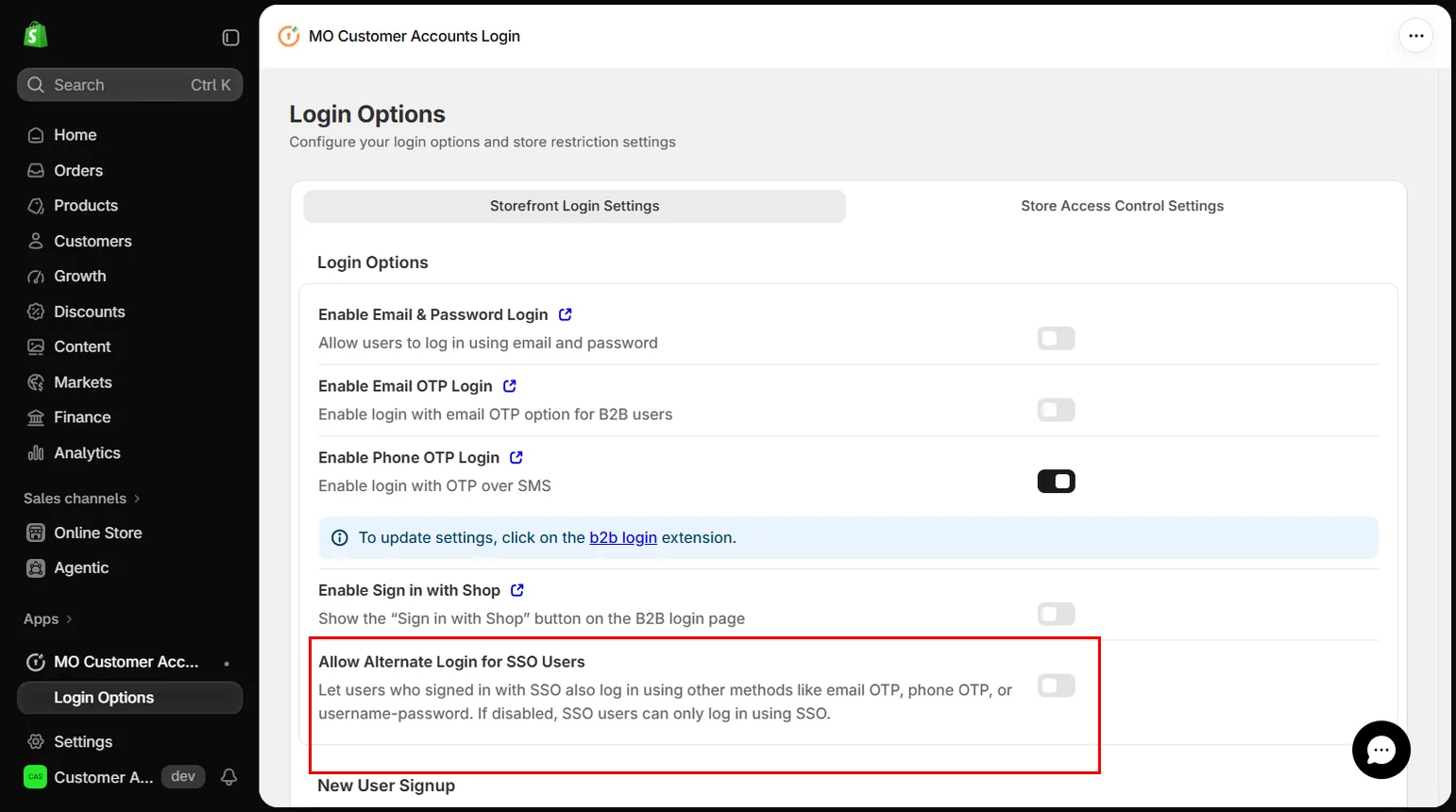 Allow Alternate Login for SSO Users toggle