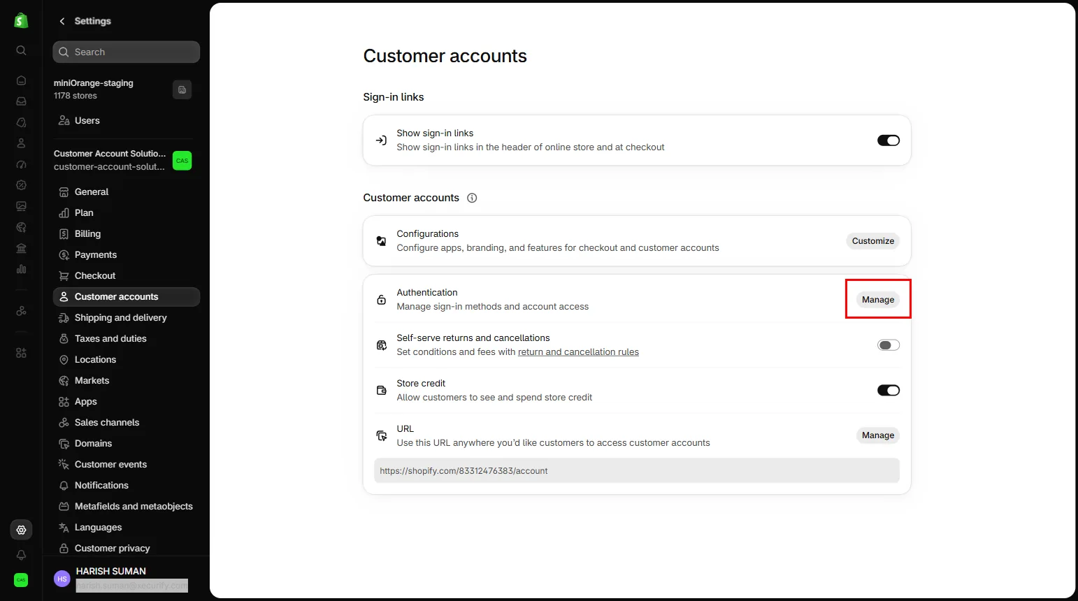 Manage button on the Authentication row in Shopify customer accounts