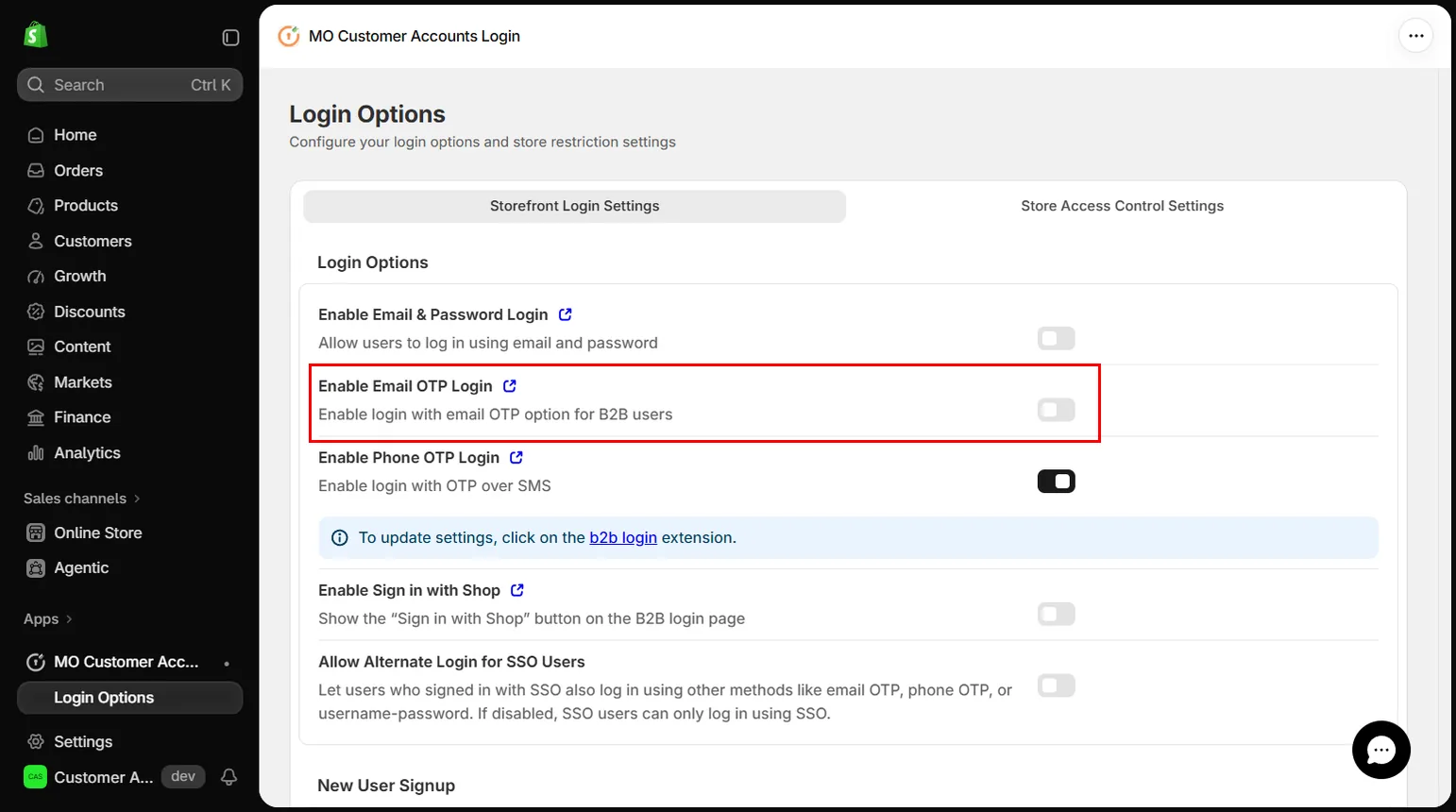 Enable Email OTP Login on Storefront Login Settings