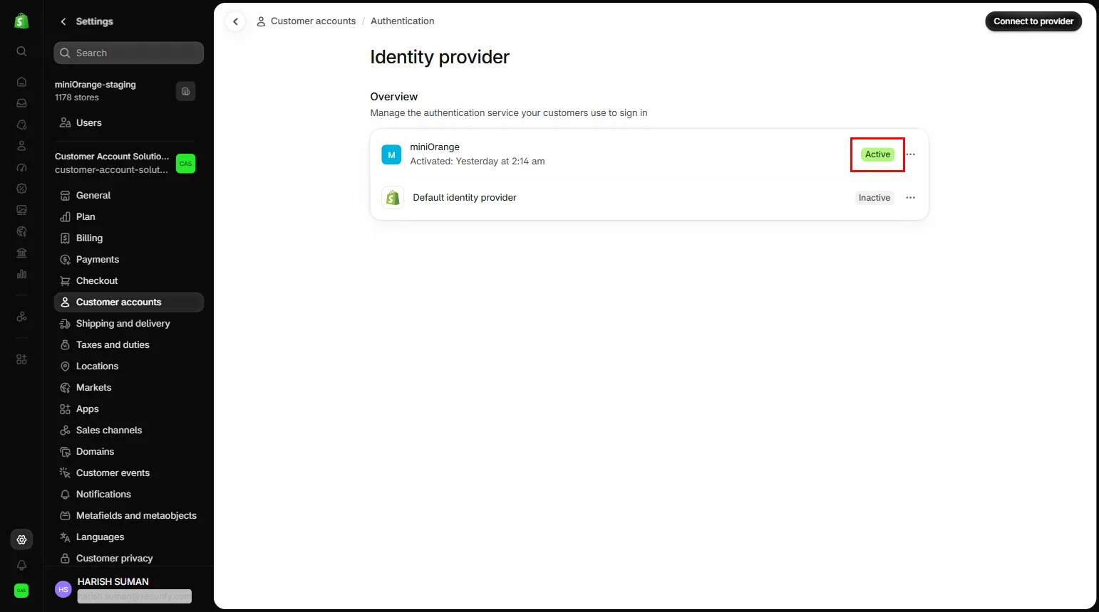 Identity provider shown as Active in Shopify