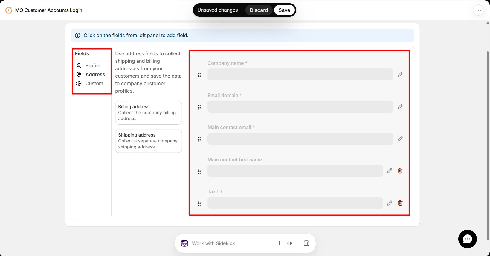 Add predefined or custom fields to the company registration form
