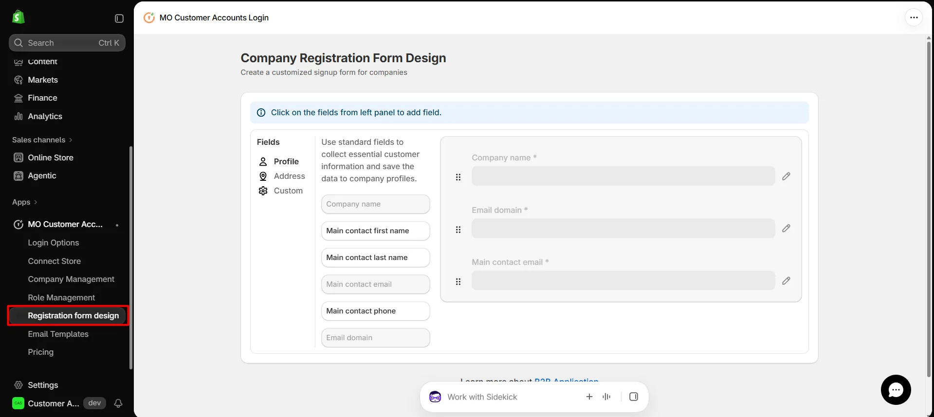Registration form design with predefined company fields