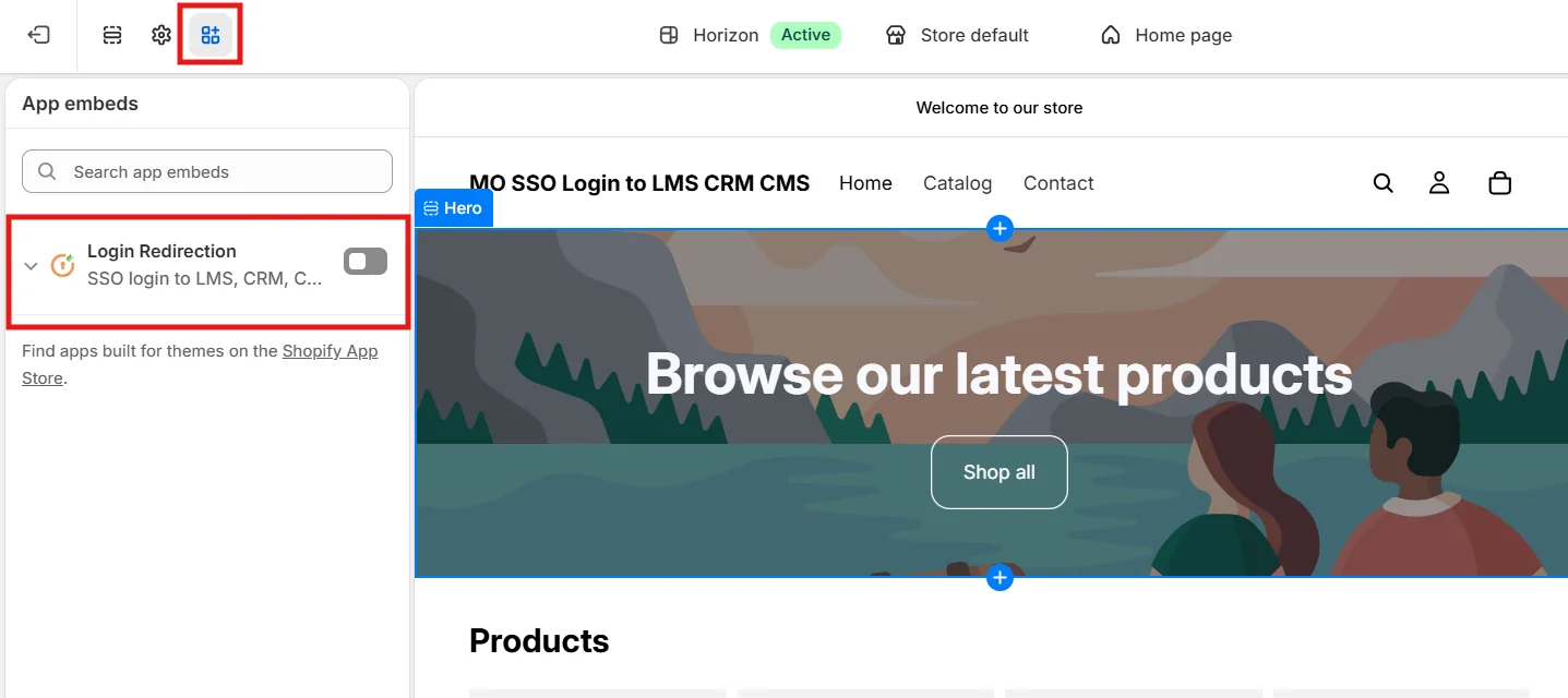 SSO using Shopify as IDP - enable Login Redirection app embed