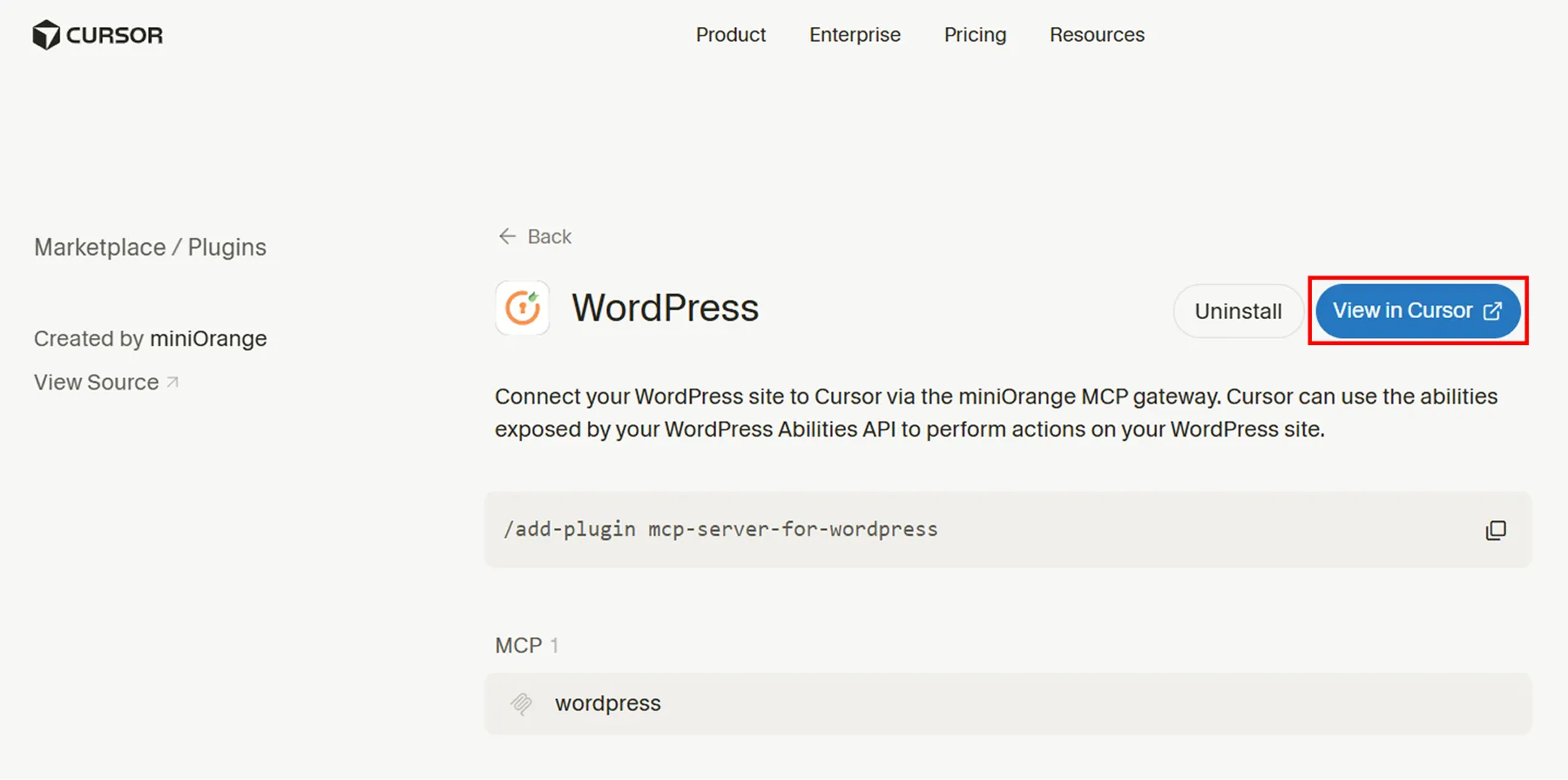 Connect Cursor to WordPress site | View in Cursor