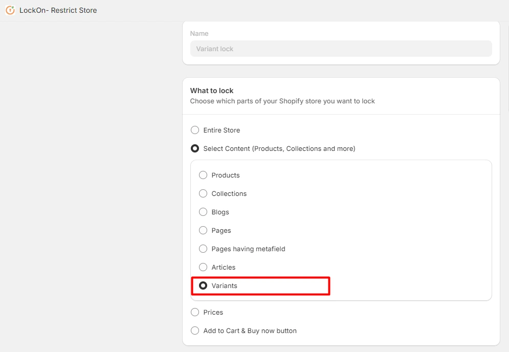 Shopify LockOn-Anwendung zum Einschränken von Inhalten – Beschränken Sie die Produktvarianten des Store Lock